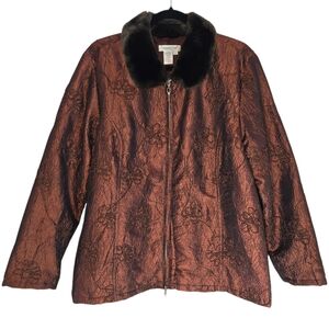 Coldwater Creek Copper Floral Jacket | Size Large | Faux Fur Collar Crinkled